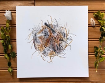 Fine Art Print Watercolor Painting Feather Nest Bird Nature Woodland Forest Home Decor Minimalistic Artwork Gift Brown Gold White Black