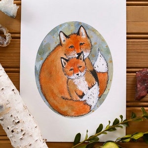 Original Watercolor Painting Fox Animal Art Work Wall Art Home Decor Gift Illustration Drawing Woodland Forest Print Baby Animals Mom Baby