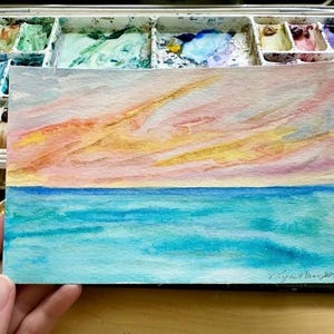 Ilustração original em aquarela colorido pôr do sol nascer do sol praia lago michigan arte caprichosa decoração de casa minimalista cartão postal