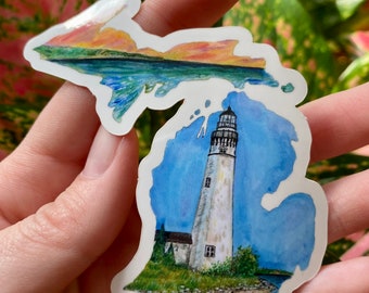 Manitou Lighthouse Waterproof Decal Sticker - Sleeping Bear Dunes Michigan Watercolor Art