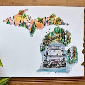 Missouri Umriss Karte Zustand Original Aquarell Kunst Malerei Druck Jeep Mudding Wald Abenteuer Reise Landschaft Sonnenaufgang Sonnenuntergang