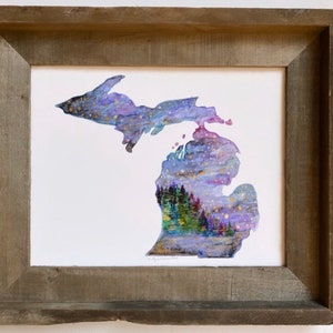 Missouri Karte Umriss Original Aquarell Kunstdruck wunderliche lila oder rosa Kiefer See nebligen bunten Nacht Himmel Landschaft