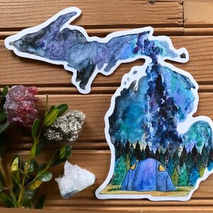 Mapa de contorno do estado de Michigan, arte, adesivo à prova d'água, decalque, barraca colorida, acampamento, via láctea, céu noturno, pintura de paisagem, arte, presente