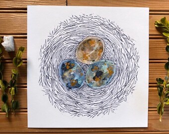 Watercolor Painting Original Art Animal Home Art Nature Abstract Nest Illustration Drawing Bird Eggs LIMITED EDITION PRINT