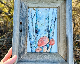 Original Watercolor Painting Whimsical Artwork Secret Garden Forest Aspen Birch Tree Mushroom Nature Art Decor One of a Kind Gift Framed