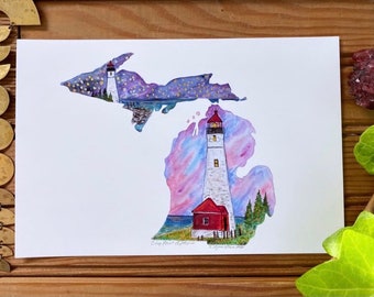 Michigan Lighthouse Watercolor Art Print, Crisp Point Illustration, Illustration Artwork, Gold Embellished