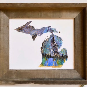 Michigan carte état original peinture aquarelle impression Art camping camp tente ciel nocturne voie lactée nuit étoilée forêt arbre paysage