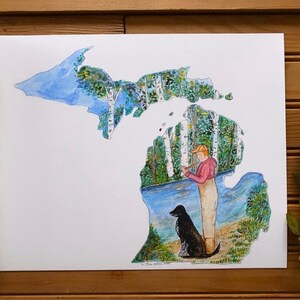 Missouri Karte Zustand Umriss Original Aquarell Malerei Kunstdruck Angeln Herbst Herbst Sonnenaufgang Sonnenuntergang Camping Die Großen Seen Fisch Fluss Hund