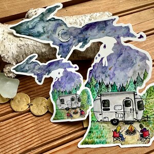 Michigan Camping Waterproof Sticker Decal - Watercolor Camper & Campfire image 4