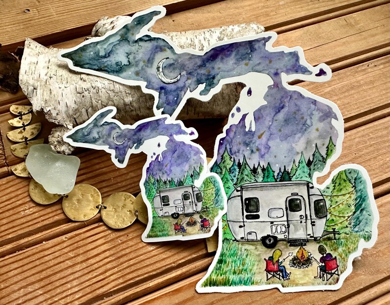 Michigan Camping Waterproof Sticker Decal - Watercolor Camper & Campfire image 4