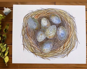 Fine Art Print Watercolor Hand Embellished Nest Eggs Nature Minimalistic Artwork Woodland Forest Bird Nest Home Decor Gift Spring