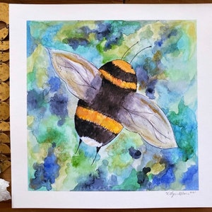 Original Watercolor Fine Art Print Illustration Bumble Bee Colorful Home Decor Spring Summer Farmhouse Nature Animal Painting Whimsical