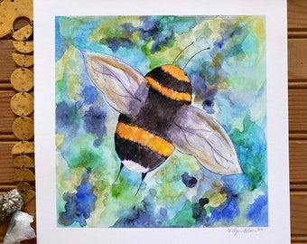 Original Watercolor Print Bumble Bee Art Home Decor in Vintage Style Farmhouse Chic Nature Animal Painting Whimsical