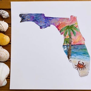 Florida kaart afdrukken zonsondergang nachtelijke hemel sterren goud palmbomen strand golven krab aquarel schilderij Florida schets cadeau