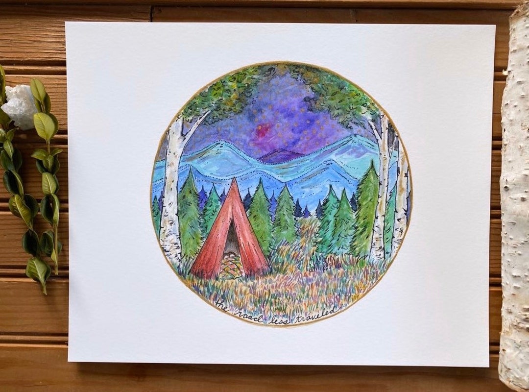 Original Art Painting Watercolor Illustration Drawing Camping Hiking ...