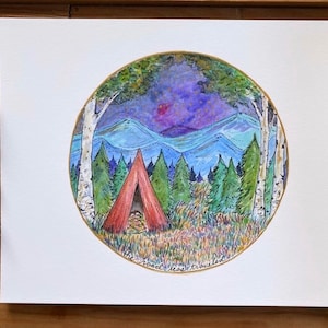 Original Art Painting Watercolor Illustration Drawing Camping Hiking Outdoors Tent Adventure Aurora Borealis Night Sky