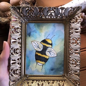 Original Watercolor Painting Artwork Bumble Bee Honey Bee Insect Whimsical Woodland Farmhouse Nursury Home Decor Gift Illustration