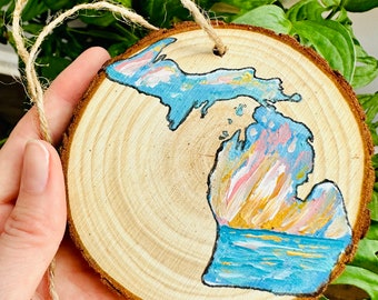 Original Handmade Michigan State Art Wood Slice Ornament Holiday Decor Gift Painting Rustic Sunset Lake Beach Water Sand