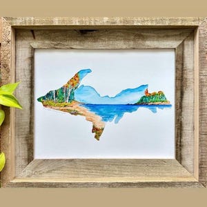 Griffig Karte Aquarell Kunstdruck obere Halbinsel bunt Strand See Wald Wald Weg Herbst Landschaft Isle Royale Park