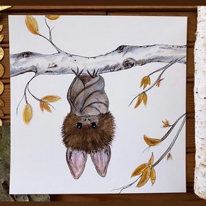 Bat Animal Woodland Watercolor Painting Original Art Print Home Decor Gift Nature Illustration Aspen Birch Tree Fall Autumn