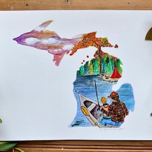 Missouri Karte Zustand Umriss Original Aquarell Malerei Kunstdruck Angeln Herbst Herbst Sonnenaufgang Sonnenuntergang Camping Die Großen Seen Fisch Geschenk