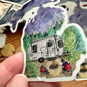 Michigan Camping Waterproof Sticker Decal - Watercolor Camper & Campfire image 5