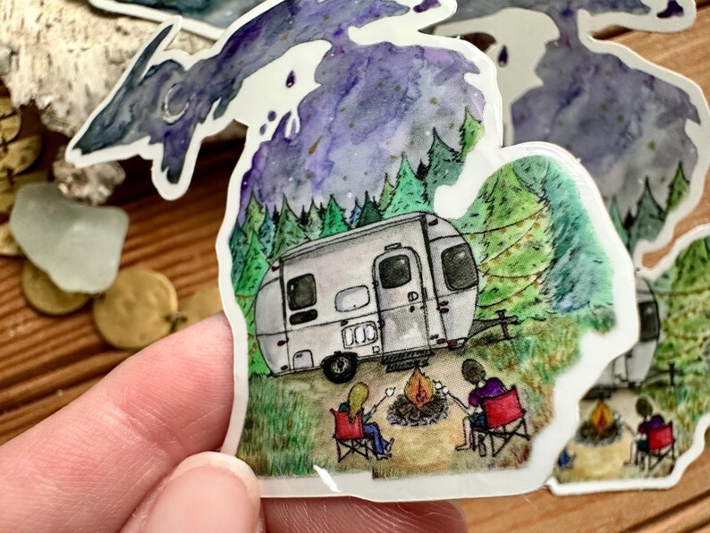 Michigan Camping Waterproof Sticker Decal - Watercolor Camper & Campfire image 5