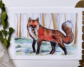 Stampa originale di volpe ad acquerello, arte di animali del bosco, illustrazione stravagante, impreziosita da oro