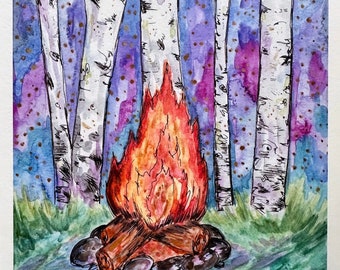 Campfire Forest Print Aurora Borelias Camping Night Sky Painting Art Adventure Travel Watercolor Wall Artwork Home Decor Gift