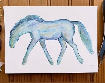 Original Fine Art Print Wall Art Blue Green Gold Whimsical Horseback Trail Riding Equestrian Dressage Pony Gift Watercolor Painting Decor