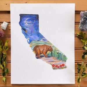 Kalifornien Aquarell Karte Zustand Gemälde Umriss Kunst Republik The Golden State Nachthimmel Bär Bergblumen Illustration Kunst Geschenk