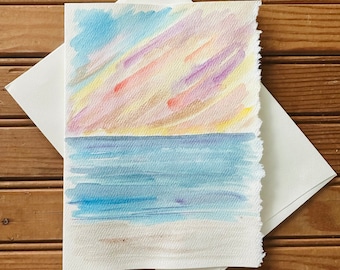 Original Watercolor Card Art Hand Painted One of a Kind Sunset Gold Beach Lake Michigan Water Nature Gift Paper Party Supplies