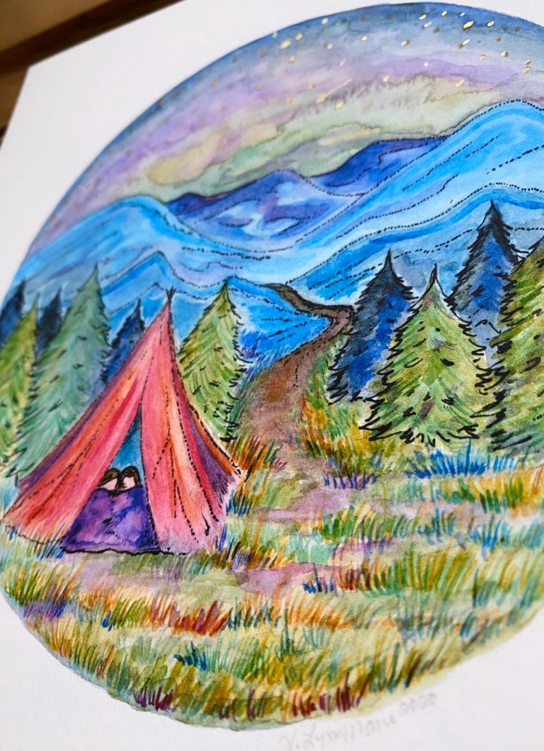 Original Art Painting Watercolor Illustration Camping Hiking Outdoors ...