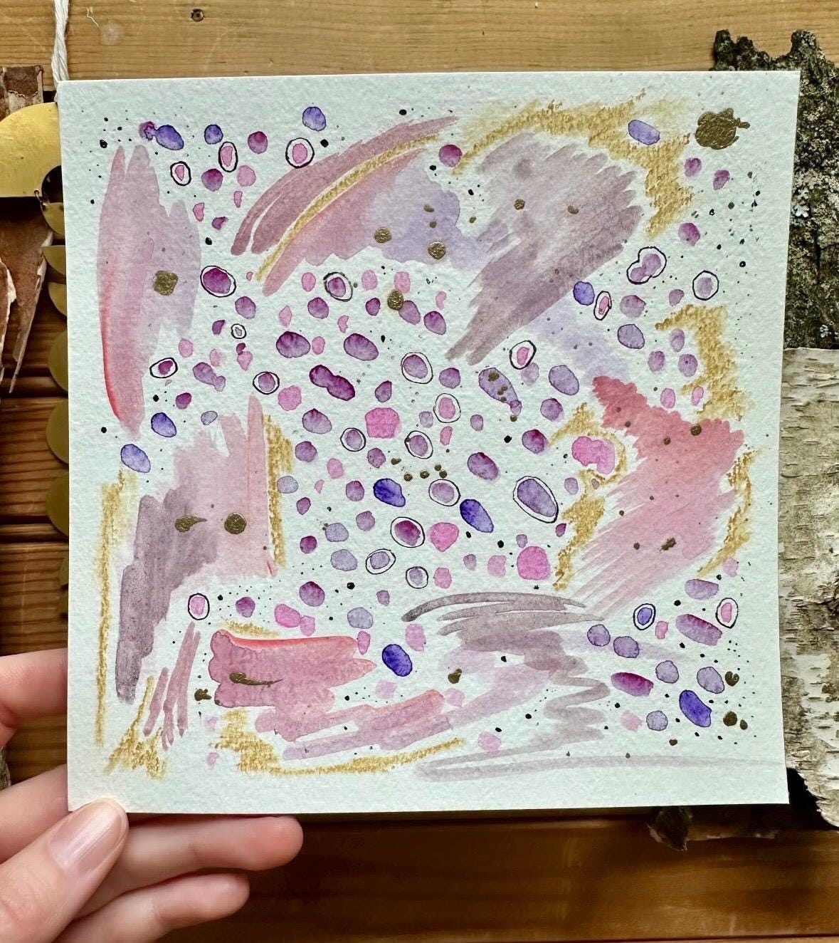オリジナル水彩抽象画、ピンクパープルドットアート（6x6）ゴールド
