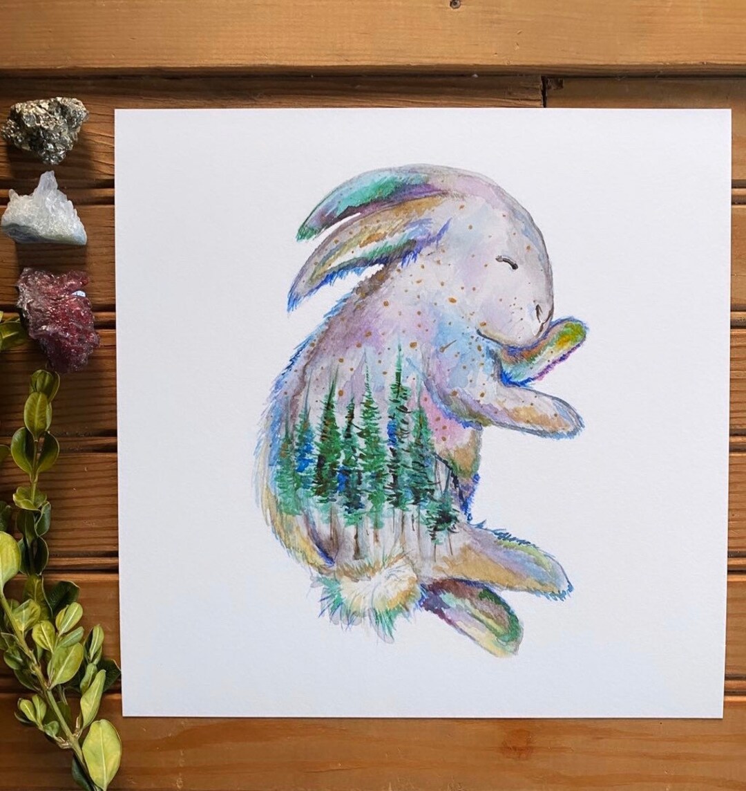 Rabbit Watercolor Painting Art Print, Woodland Nursery Decor, Whimsical ...