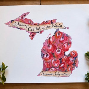 Original Aquarell Kunst Druck Landkarte Umriss Umriss Umriss State Illustration Staunen Bunte Rote Kirsche Essen Wein Fest Traverse City MI