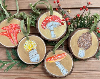 Handmade Mushroom Wood Slice Ornament, Original Painted Art