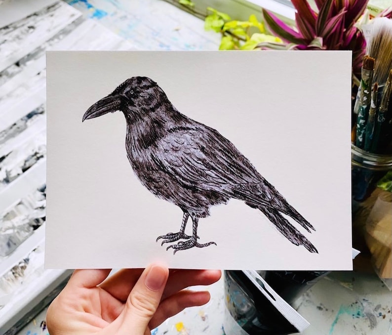 Original Art Print Crow Bird Outline Black and White Original