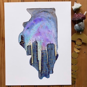 Chicago City Skyline Umriss Landschaft Stadtbild Nachthimmel Aquarell Malerei Bunte Kunst Geschenk The Windy City