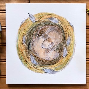 Watercolor Painting Original Fine Art Animal Home Nature Illustration Drawing PRINT Mice Mouse Baby Cuddling Sleeping Valentines Day Gift