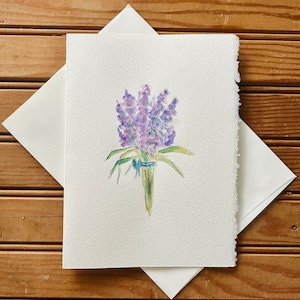 Originele aquarel kaart kunst handgeschilderde lavendel paarse bloem bloemen boeket natuur boerderij lege wenskaart kunstwerk cadeau