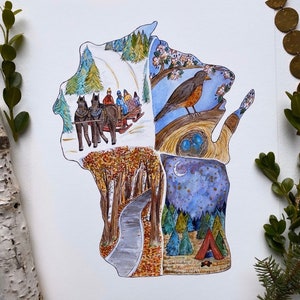 Bundesstaat Wisconsin Landkarte Original Aquarell Illustration Kunstdruck Frühling Sommer Herbst Winter Bunt Landschaft Kunst Gemälde