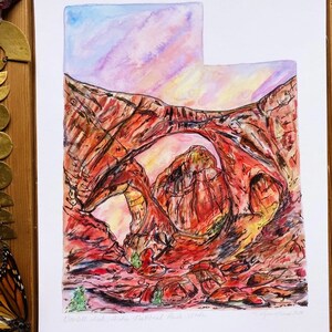 Impression d'art de l'Utah, ciel coucher de soleil, impression d'amour, gémissements, carte de l'état de l'Utah, impression aquarelle unique, décoration d'intérieur, cadeau, parc national des Arches, rocher à double arche
