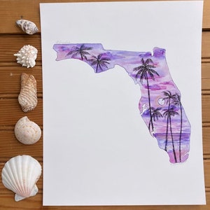 Florida kaart afdrukken roze paars goud palmbomen strand golven volle maan aquarel schilderij Florida schets cadeau