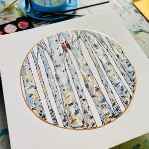 Original Fine Art Print Aspen Birch Tree Woodland Forest Bird Cardinals Minimalistic Illustration Personalize Home Decor Art Gift