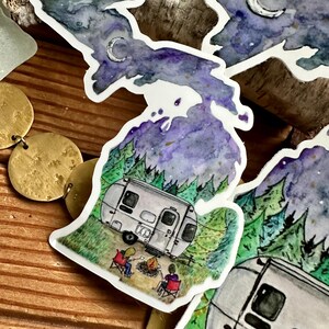 Michigan Camping Waterproof Sticker Decal - Watercolor Camper & Campfire image 6
