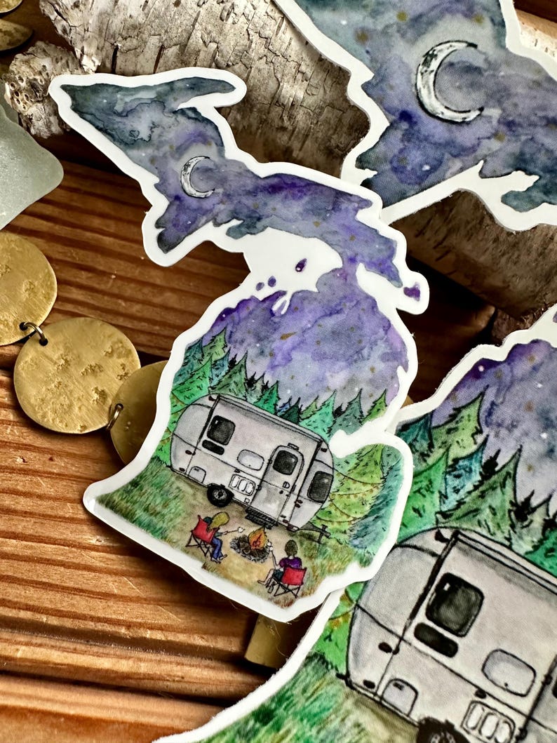 Michigan Camping Waterproof Sticker Decal - Watercolor Camper & Campfire image 6