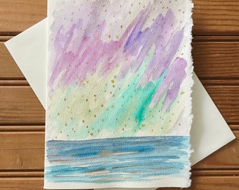 Original Watercolor Card Art Hand Painted One of a Kind Aurora Borealis Beach Lake Water Starry Night Nature Gift Paper Party Supplies