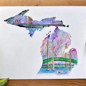 Mackinac Bridge Mackinaw Missouri Kunst Druck Nachthimmel Sonnenuntergang Liebe Druck US Bundesstaat Maple Map Einzigartige Landkarte Aquarell Druck Wohnkultur