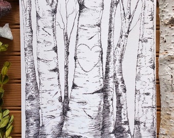 Aspen Birch Tree Art Print, Black and White Love Initials, Personalized Gift
